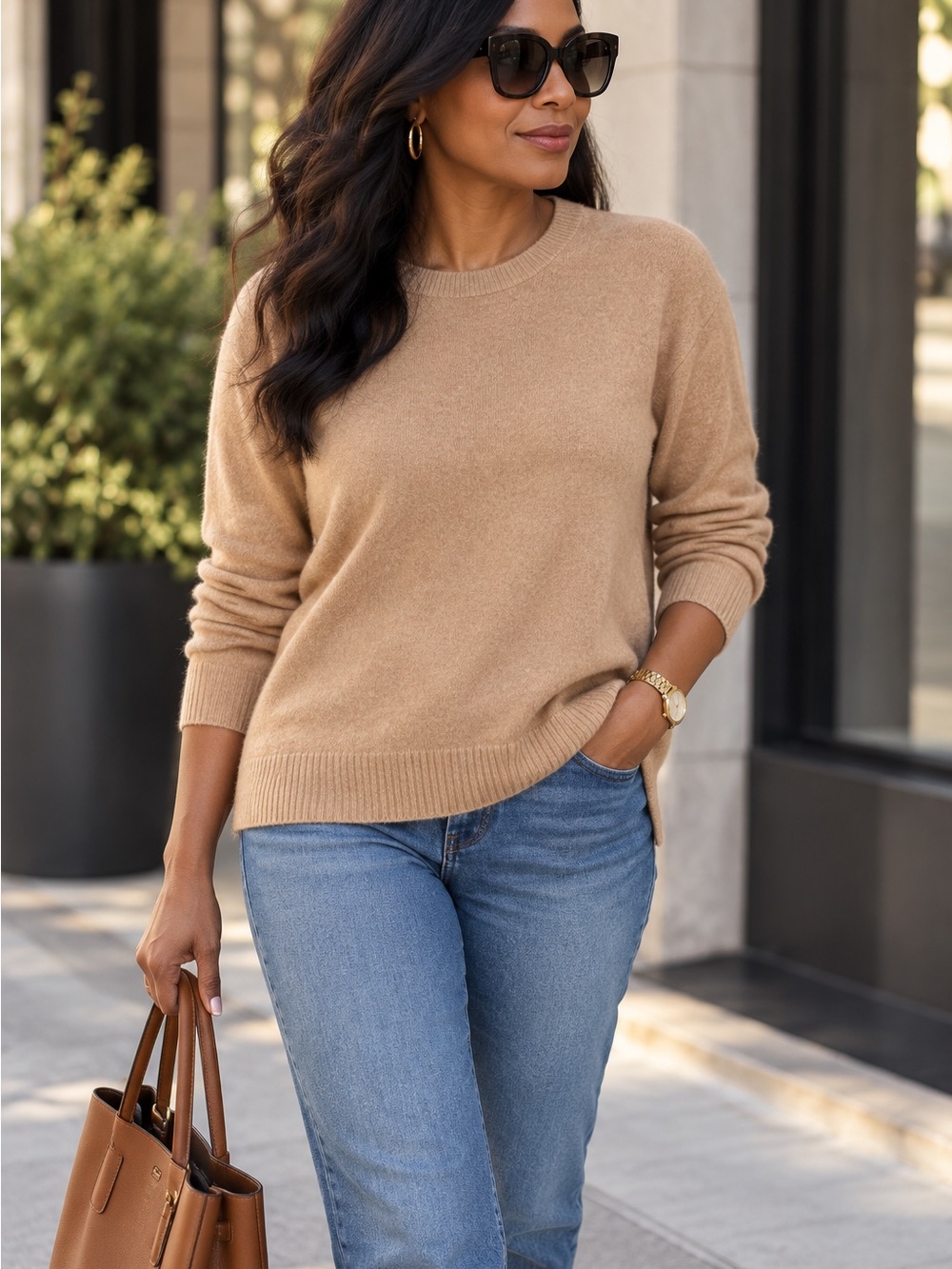 Rachel Zoe 100% Cashmere Sweater Medium Camel Tan Crewneck 2-Ply Luxury Knit